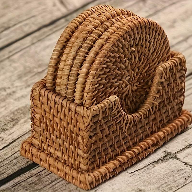 Handmade rattan coasters with holder, heat resistant and non-slip drink mats for kitchen and dining room decoration