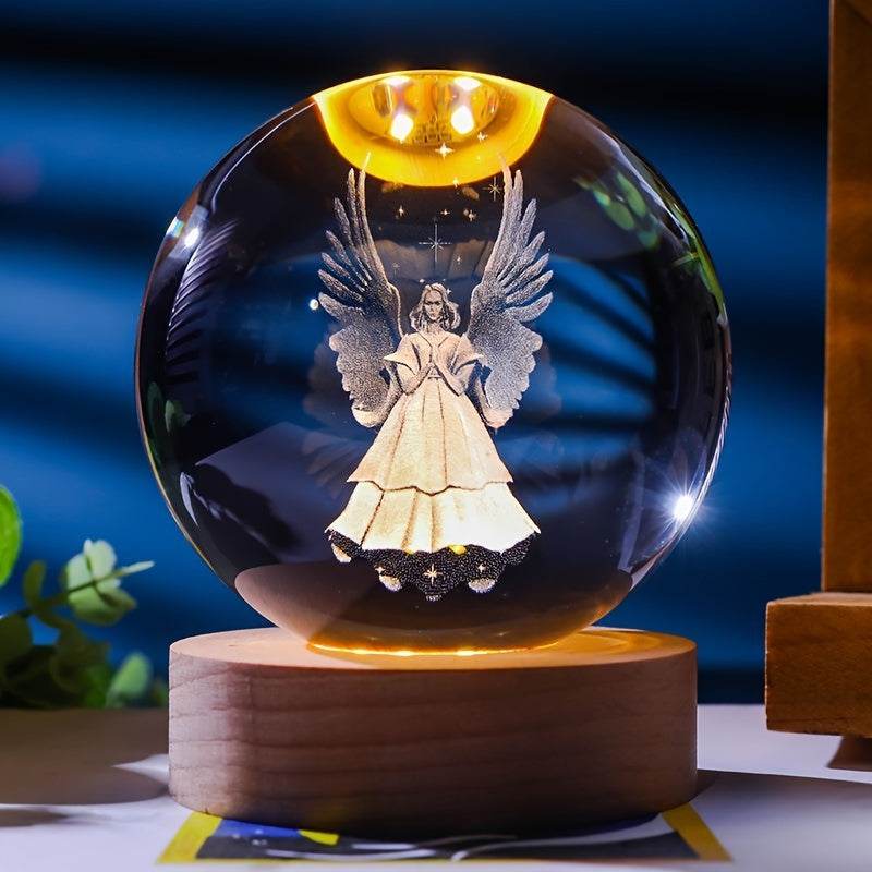 Luminescent crystal ball nightlight with 3D angel sculpture on wooden base powered by USB plug