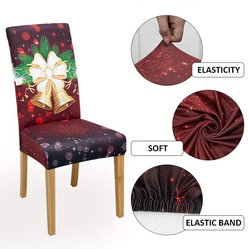 Milk velvet elastic Christmas dining chair slipcover with red bells design and adjustable fit