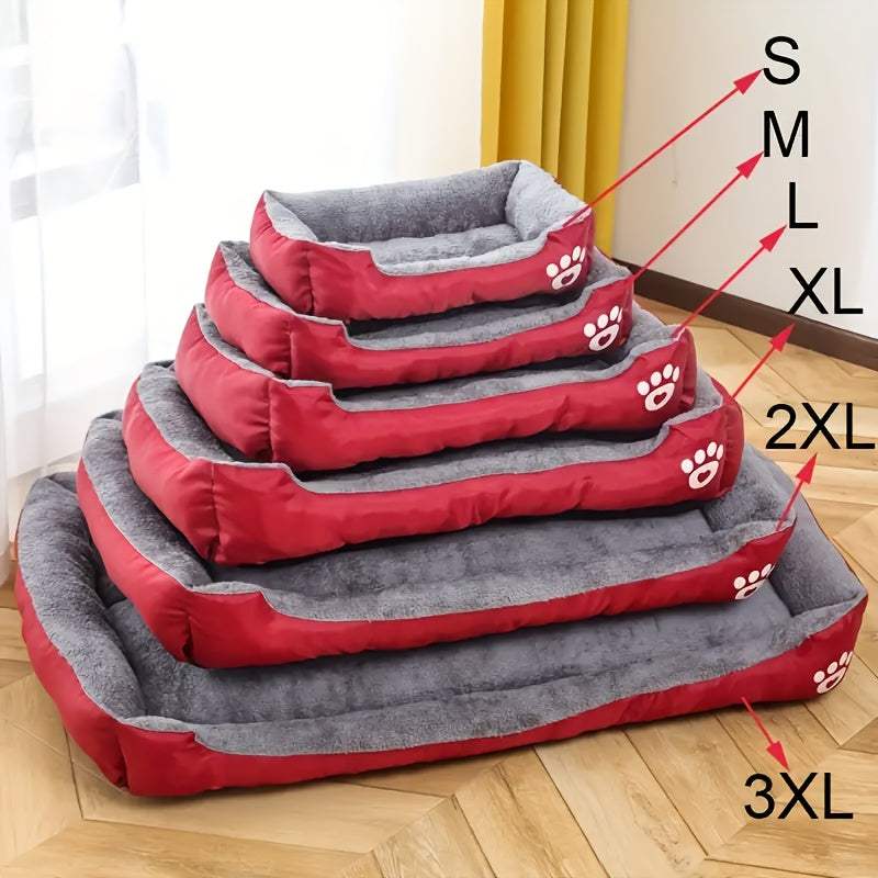 Stacked large washable dog beds in red with gray plush interior and paw print design, available in multiple sizes from S to 3XL