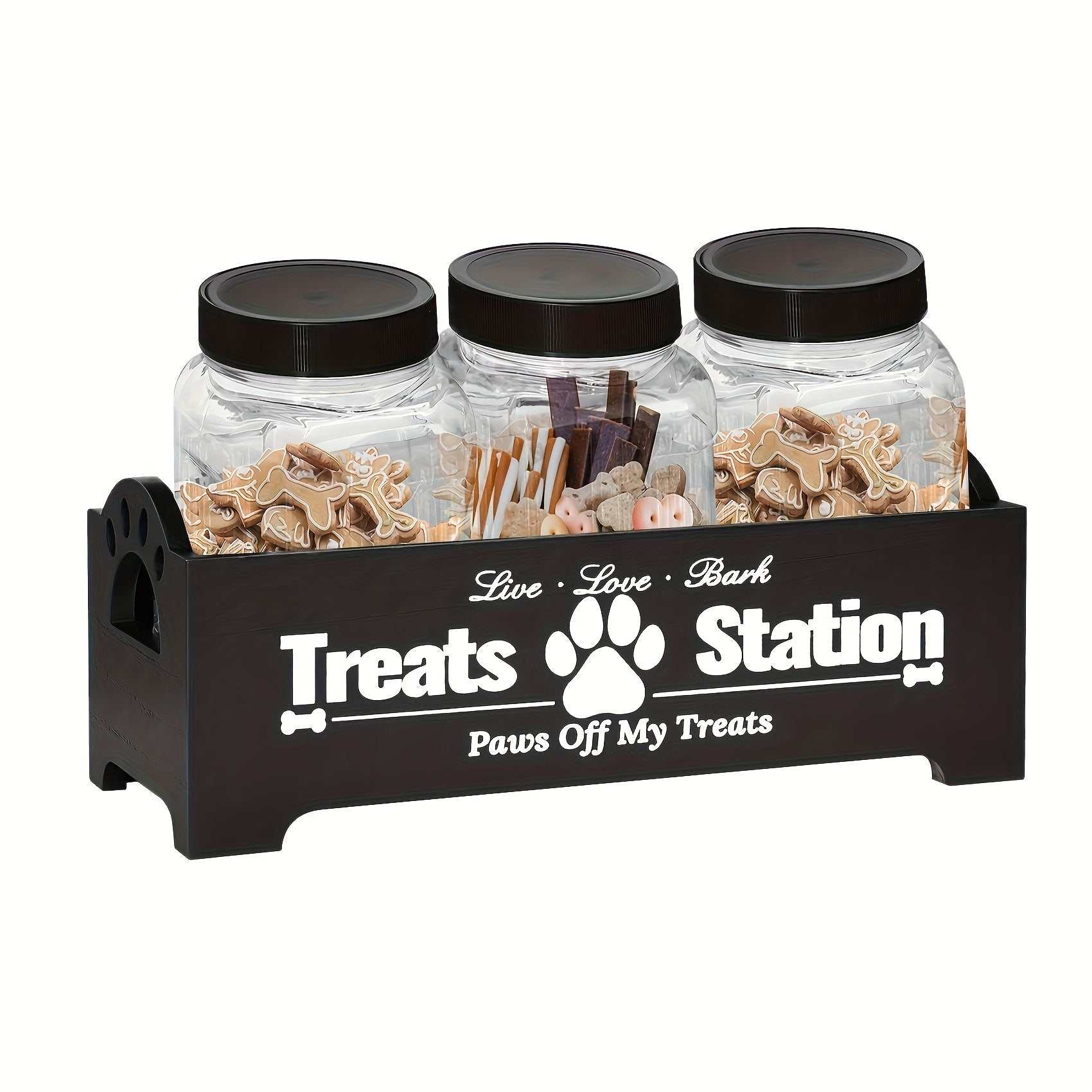 Wooden pet treat station with three clear plastic jars for dog and cat food storage organizer