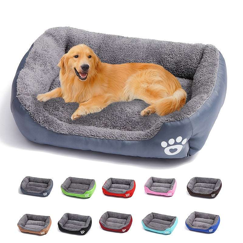 Large washable dog bed with plush gray interior and paw print design, available in multiple colors, featuring durable polyester fiber filling.