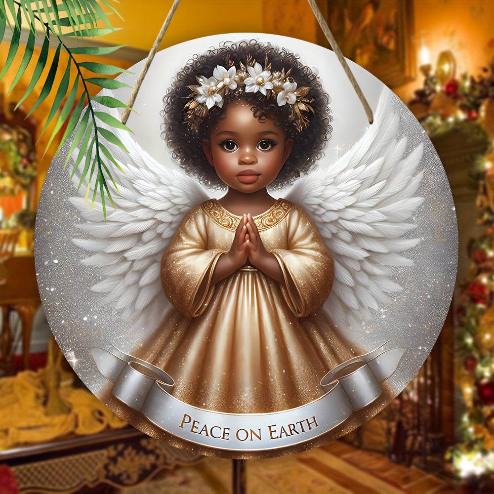 Festive 8''x8'' non-black angel wall decoration with gold dress and "Peace on Earth" banner hanging on wall