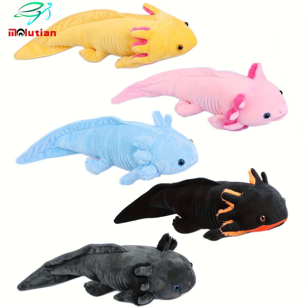 MOLUTIAN cuddly axolotl plush toys in yellow, pink, blue, black, and gray soft polyester designs