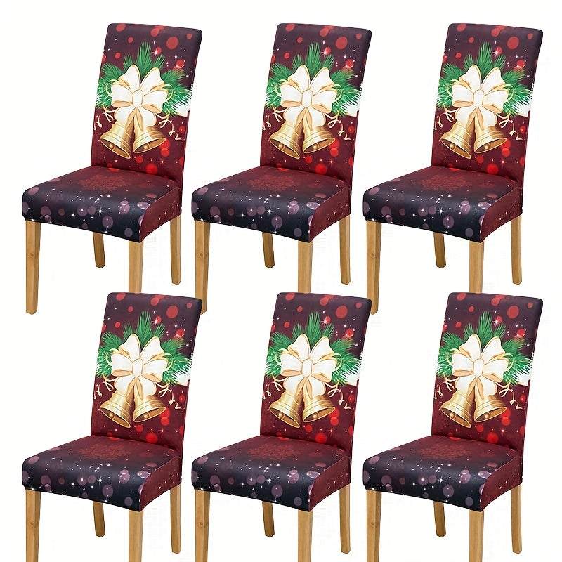 Set of 6 milk velvet dining chair slipcovers with elastic band and Christmas red bells pattern