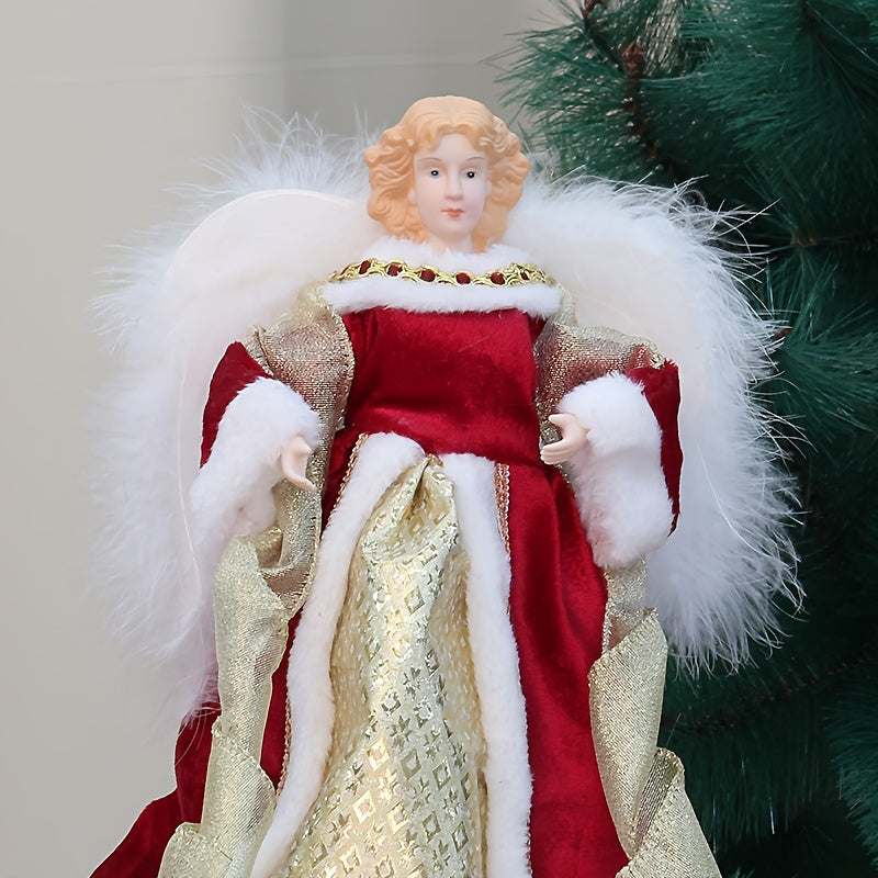 Christmas tree topper angel with red and gold gown and white feather wings decoration