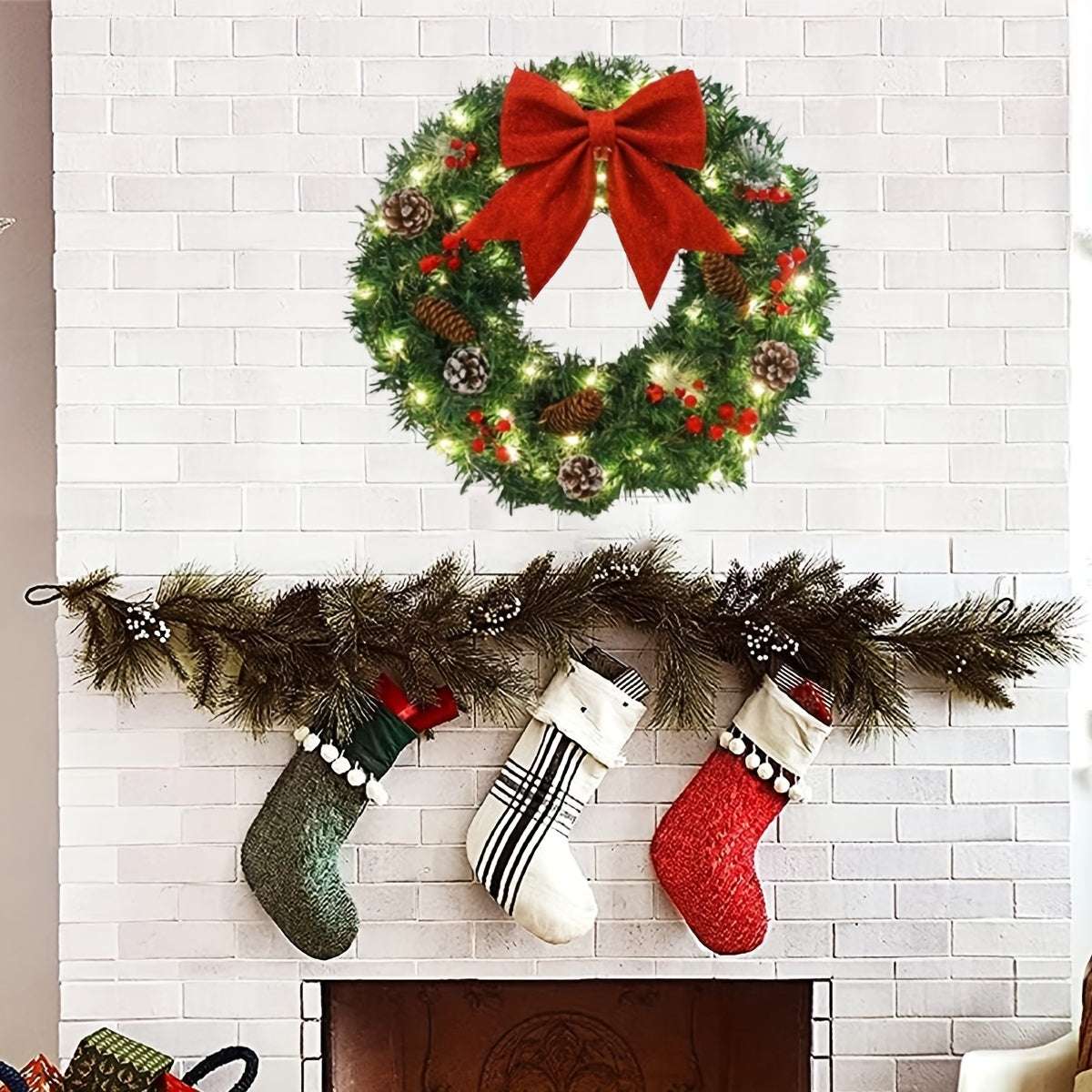 20 Inch Pre-Lit Christmas Wreath with Lights, Large Winter Wreath