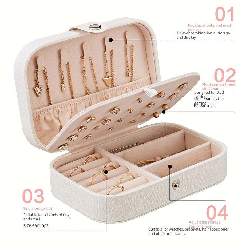 Portable Jewelry Travel Case with necklace hooks, stud board, ring slots, and adjustable compartments in a compact leather design
