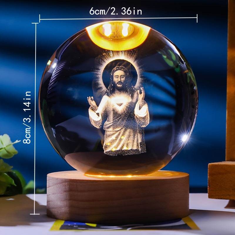 Luminescent 3D crystal ball with Jesus image on wooden base nightlight powered by USB