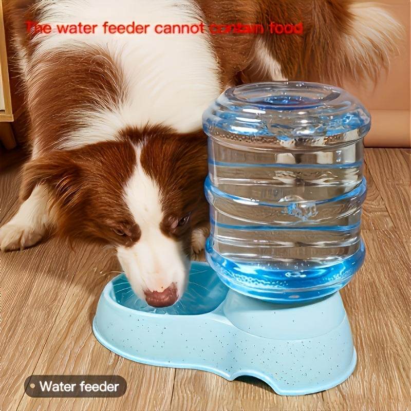 Dog drinking from blue large capacity pet water dispenser bowl on wooden floor