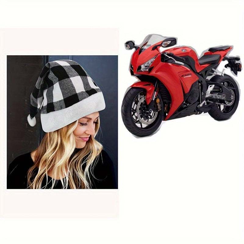 Woman wearing black and white plaid party Christmas hat next to red motorcycle