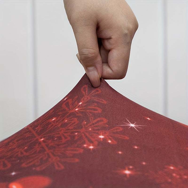 Hand stretching red Milk Velvet Christmas dining chair slipcover with elastic band and bell pattern