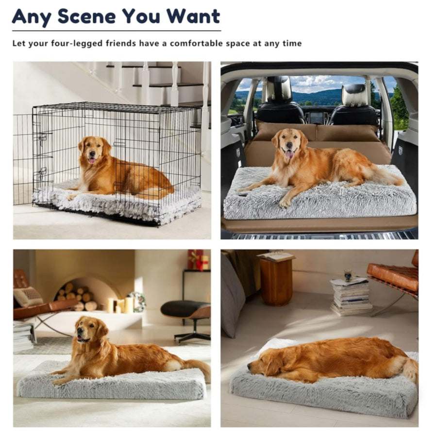 Plush rectangular dog bed with non-slip bottom for large, medium, and small dogs and cats, providing a comfortable resting spot indoors and in vehicles.